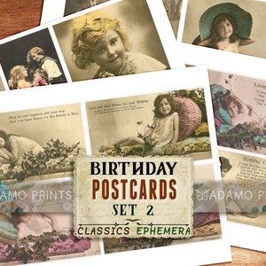 Cartes postales d'anniversaire Digital Set2, Cartes de voeux pour enfants, ATC, Ephemera Classic, Images numériques, Collage numérique, Art vintage, Télécharger