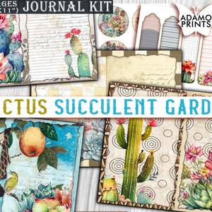 Kit de diario de jardín suculento de cactus, página de diario, forrado y en blanco, adornos, kit de diario imprimible, plantas de álbum de recortes, naturaleza vintage