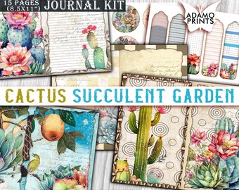 May include: A digital download of 15 printable pages for a journal kit featuring a cactus and succulent garden theme. The pages include a variety of designs, including floral patterns, cacti, and succulents, as well as lined paper and blank pages. The kit is perfect for scrapbooking, journaling, and other creative projects.