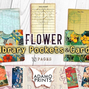 Bolsillos y tarjetas de la biblioteca de flores, etiquetas de bolsillo cargadas, kit de diario basura, bolsillos de diario basura, adornos, inserciones imprimibles de bolsillo