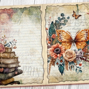 Boho Butterfly Flower Junk Journal Pages, Journal Kit, Women, Bohemian, Collage Sheets, Ephemera Journal Kit, Printable Paper, Scrapbook