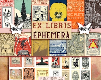 May include: A collage of vintage bookplates with various designs, including a floral motif, a knight, a bird, and a castle. The bookplates are in a variety of colors, including red, blue, green, and yellow. The text "Ex Libris Ephemera" is prominently displayed in the center of the collage.