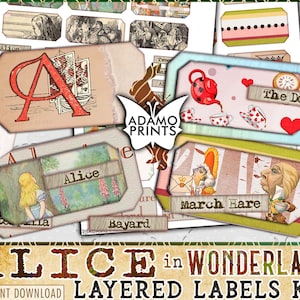 Kit d'étiquettes superposées Alice au pays des merveilles, carnet de mots, kit de journalisation indésirable, papiers pour collage, feuilles de collage imprimables, collage éphémère