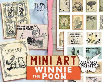 Puede incluir: Un conjunto de 32 mini impresiones de arte de Winnie the Pooh, cada una mide 4,4 cm por 5,7 cm. Las impresiones presentan varias escenas de las historias de Winnie the Pooh, incluyendo Winnie the Pooh y Piglet, Winnie the Pooh llevando un tarro de regreso a Piglet, y Winnie the Pooh y Piglet dando un paseo. Las impresiones están en un estilo vintage con un fondo desgastado.