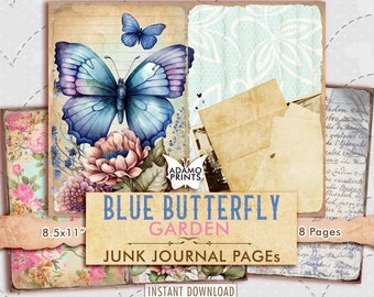 Blue Butterfly Garden Junk Journal Pages, Butterfly Journal Kit, Collage Sheets, Ephemera Journal Kit, Printable Flower Garden Paper