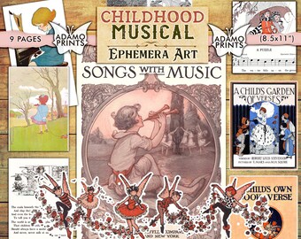 Childhood Musical, Music Sheet, Vintage Art, Child Ephemera, Ephemera Classic, Digital Images, Ephemera Printable, Digital Collage