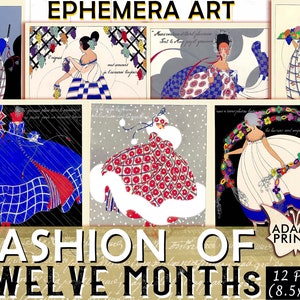Fashion of Twelve Months, French Fashion, Poster, Art Deco, Junk Journal Kit, Paper Journal Kit, Digital Paper, Printable Background