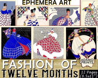Moda dei dodici mesi, moda francese, poster, art déco, kit per diario spazzatura, kit per diario di carta, carta digitale, sfondo stampabile