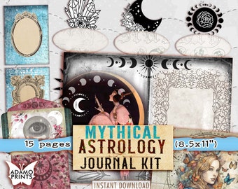 May include: A digital printable kit for a journal with 15 pages featuring a mystical astrology theme. The kit includes images of moons, stars, crystals, and a woman with a crown of stars. The text "MYTHICAL ASTROLOGY JOURNAL KIT" is in the centre of the image. The text "15 pages" is in the bottom left corner of the image. The text "(8.5x11")" is in the bottom right corner of the image.