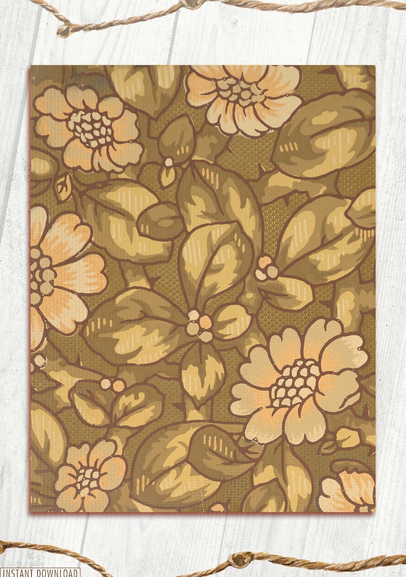May include: A vintage floral wallpaper pattern with a brown background and beige flowers. The flowers have a light peach center and are surrounded by brown leaves.