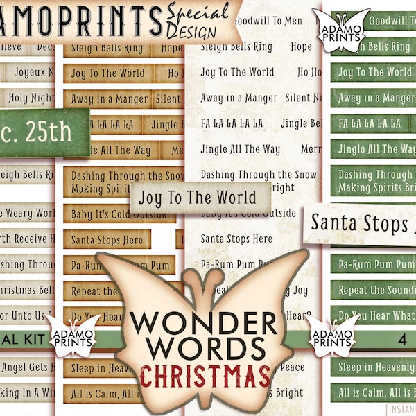 Christmas Wonder Words, Journal Words, Parchment, Mixed Media, Phrases, Embellishment, Collage Sheet, Scrapbooking, Printable, Ephemera