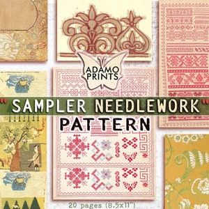 May include: A collage of vintage needlework patterns, featuring a variety of floral and geometric designs in red, white, and blue. The title "Sampler Needlework Pattern" is displayed in green text. The text "20 pages (8.5x11")" is also included.