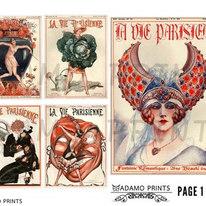 May include: A collage of four vintage magazine covers featuring illustrations of women in various poses. The covers are all titled "La Vie Parisienne" and feature a mix of art deco and Art Nouveau styles. The covers are printed in red, black, and white.