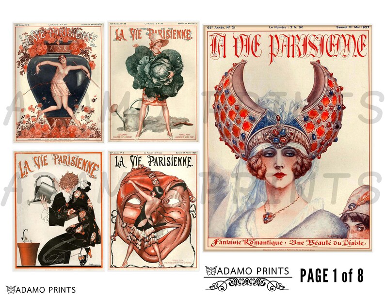 May include: A collage of four vintage magazine covers featuring illustrations of women in various poses. The covers are all titled "La Vie Parisienne" and feature a mix of art deco and Art Nouveau styles. The covers are printed in red, black, and white.