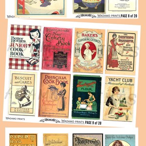 Op de afbeelding: Een collage van vintage kookboekcovers en advertenties. Titels zijn onder meer "The Hostess", "Meals Without Meat", "Junior Cook Book" en "Baker's Flavoring Extracts". De afbeelding bevat illustraties van eten, recepten en huiselijke sc&egrave;nes.