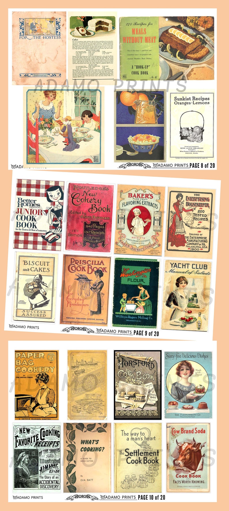 Op de afbeelding: Een collage van vintage kookboekcovers en advertenties. Titels zijn onder meer "The Hostess", "Meals Without Meat", "Junior Cook Book" en "Baker's Flavoring Extracts". De afbeelding bevat illustraties van eten, recepten en huiselijke sc&egrave;nes.
