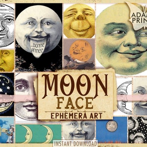 Moon Face, Harvest Moon Face, Moon Ephemera, ATC Cards, Digital Art, Night-Scenes, Classic, Vintage, Painting, Digital Image, Ephemera