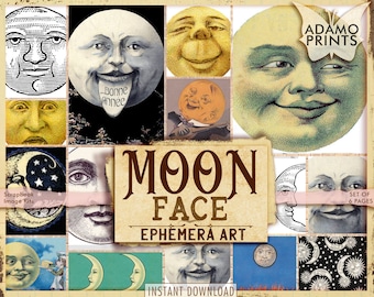 Visage de lune, visage de lune des récoltes, éphémères lune, cartes ATC, art numérique, scènes de nuit, classique, vintage, peinture, image numérique, éphémère