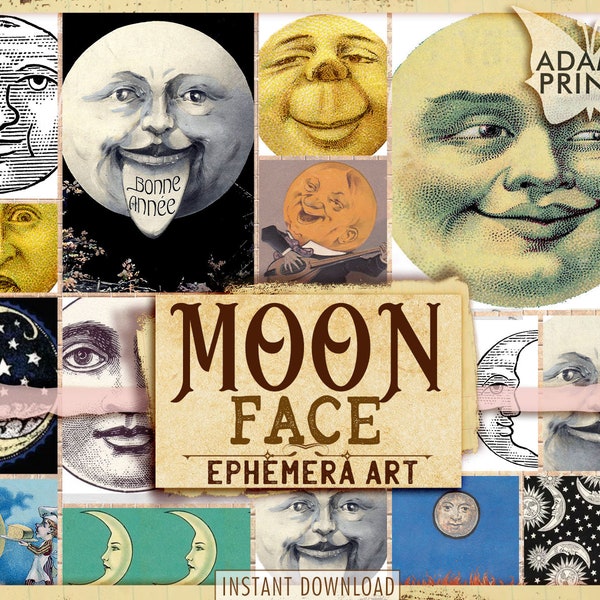 Visage de lune, visage de lune des récoltes, éphémères lune, cartes ATC, art numérique, scènes de nuit, classique, vintage, peinture, image numérique, éphémère