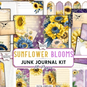 Kit de diario con flores de girasol, página de diario, flores efímeras, adornos, kit de diario imprimible, plantas de álbum de recortes, naturaleza vintage digital
