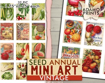 Puede incluir: Un conjunto de 32 mini impresiones de arte vintage de paquetes de semillas, cada una mide 1,75 pulgadas por 2,25 pulgadas. Las impresiones presentan ilustraciones coloridas de varias frutas y verduras, incluyendo sandía, tomates, guisantes y rábanos. Las impresiones son perfectas para agregar un toque de encanto vintage a cualquier decoración del hogar.