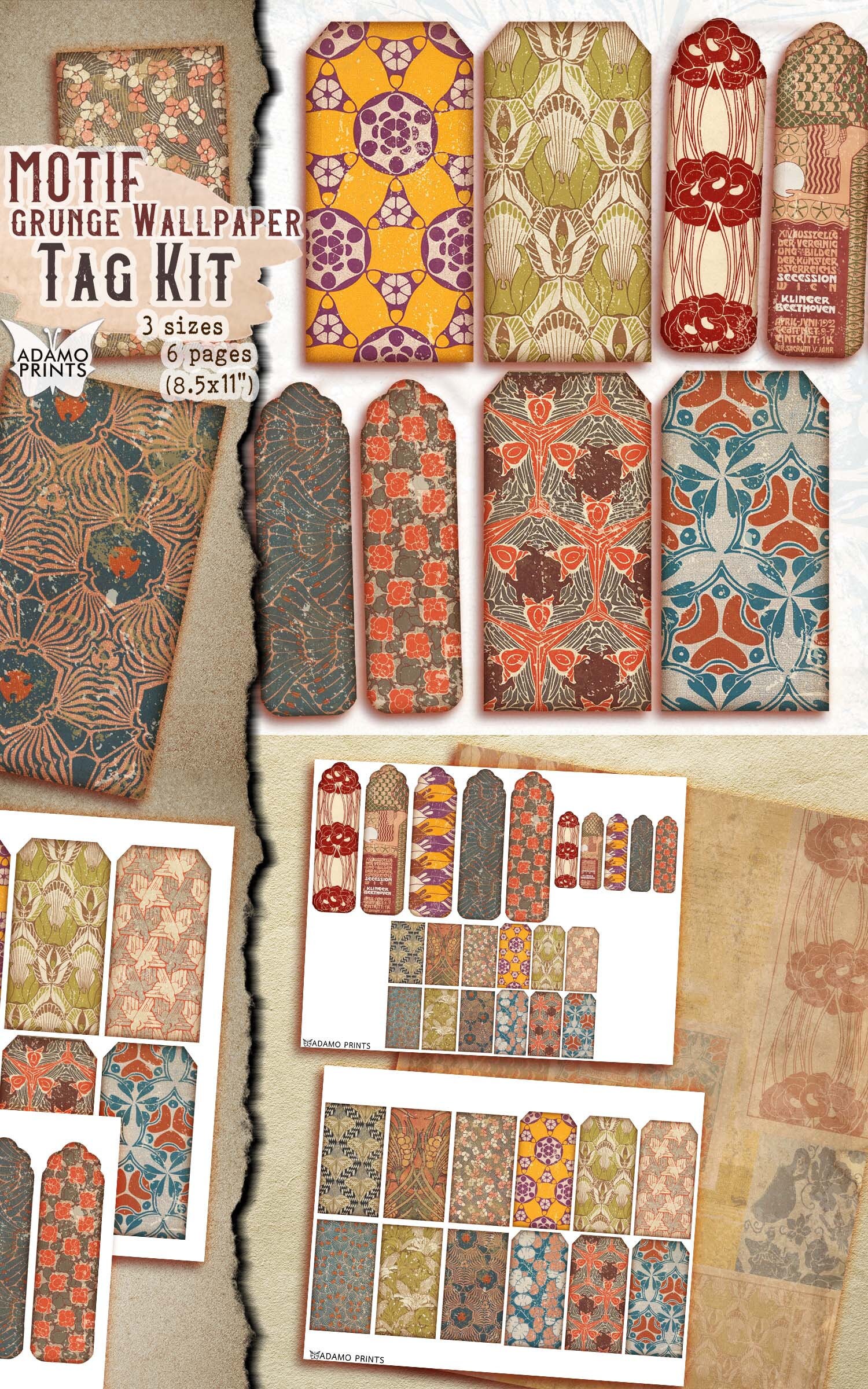 Motif Grunge Wallpaper Tag Kit Digital Tag Art Nouveau | Etsy