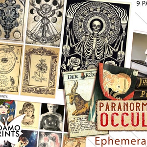 Pode incluir: Um conjunto de nove páginas imprimíveis com ilustrações vintage de temática ocultista e paranormal. As páginas incluem imagens de esqueletos, crânios, pentagramas e outros símbolos místicos. O texto "PARANORMAL OCCULT Ephemera Kit" está impresso em uma faixa vermelha e branca.