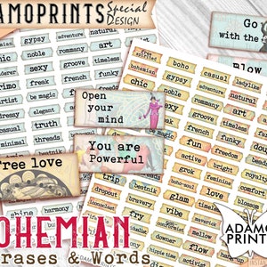 Frases y palabras bohemias, boho, gitano, hippie, palabras para diario, palabras para diario basura, kit de collage, definición, técnica mixta, palabras efímeras