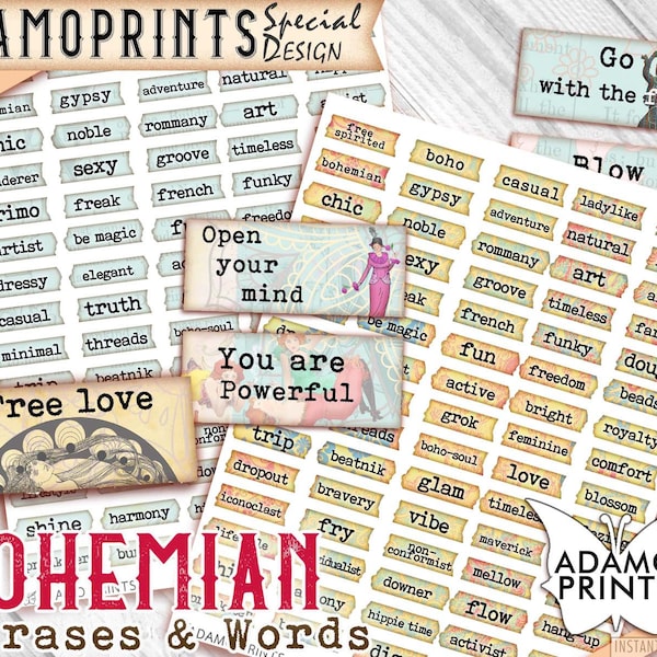 Bohemian Phrases & Words, Boho, Gypsy, Hippie, Journal Words, Junk Journaling Word, Collage Kit, Definition, Mixed Media, Ephemera Words