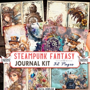 Kit de journal fantaisie steampunk page de journal animaux floraux éphémères imprimable scrapbooking ligné papier vintage chat chien papillon femmes