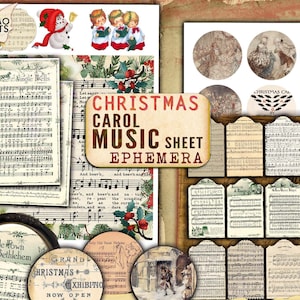 Spartiti di canti natalizi, cartellini, etichette, carte ATC, abbellimenti, immagini stampabili, Natale effimero, kit album per ritagli, kit natalizio