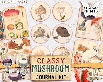 Classy Mushroom Journal Kit, Junk Journal Page, Printable Mushrooms, Toadstool and Mushroom Ephemera, Printable Images, Digital Collage