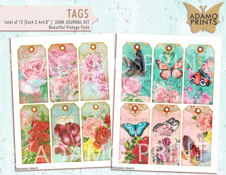 Download Rose and Butterflies Printable Kits Tags Fussy Cut Digital ...