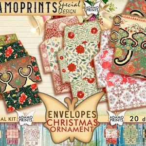 Christmas Ornament Envelopes, Junk Journal Kit, Digital Christmas, Collage Sheet, Embellishments, Digital Kit, Ephemera Envelope, Antique