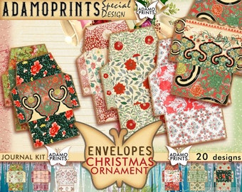 Christmas Ornament Envelopes, Junk Journal Kit, Digital Christmas, Collage Sheet, Embellishments, Digital Kit, Ephemera Envelope, Antique