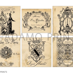 May include: A collage of six vintage Parisian-themed images. The images feature text, ornate designs, and illustrations of the Eiffel Tower. The text includes "Hotel Les Etoiles", "Maison De Paris", "Rev&eacute; Marie", and "Paris".