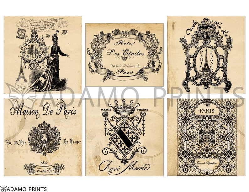 May include: A collage of six vintage Parisian-themed images. The images feature text, ornate designs, and illustrations of the Eiffel Tower. The text includes "Hotel Les Etoiles", "Maison De Paris", "Rev&eacute; Marie", and "Paris".