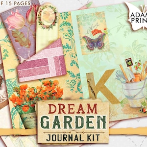 Kit de diario Dream Garden, página de diario, diario efímero, adornos, kit de diario imprimible, jardín de álbumes de recortes, naturaleza vintage
