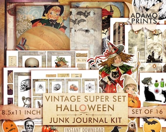 May include: A vintage Halloween junk journal kit with 16 printable images. The images include a witch, a skull, a pumpkin, a bat, a frog, a cat, and a haunted house. The kit is perfect for creating unique and spooky journals, cards, and other crafts.