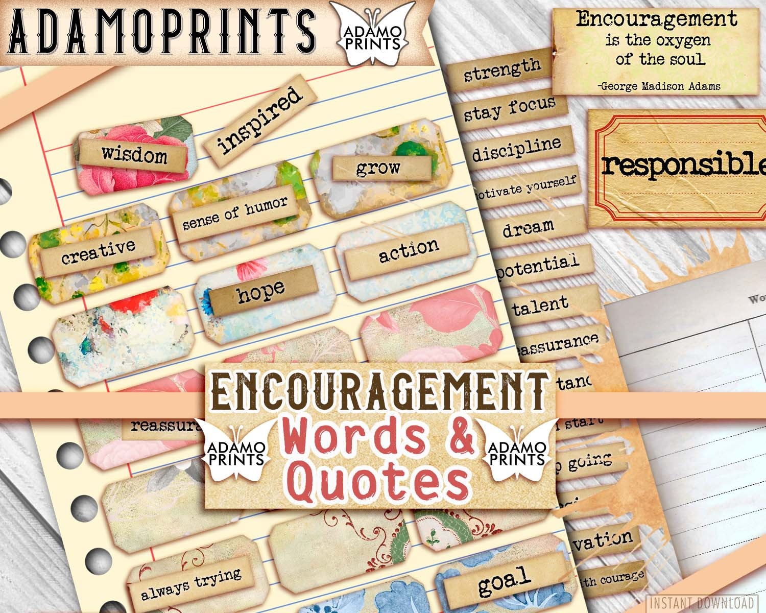 Encouragement Words & Quotes, Junk Journaling Word, Digital Inspiration Quote, Definition, Mixed Media, Scrapbooking, Ephemera Word