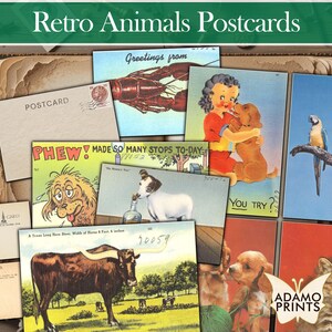 Cartões postais de animais retrô, postagem digital antiga, cartões postais imprimíveis, imagens digitais clássicas efêmeras, colagem digital, arte vintage