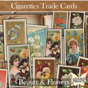 Tarjetas de intercambio de cigarrillos de la serie Beauty Flowers, tarjetas de té efímeras, hojas de collage vintage, flores efímeras digitales, kit de diario basura y álbum de recortes.