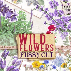 Wildblumen Fussy Schnitt, Digital Kit, Scrapbook, Lila, Gelb, Grün, Garten, digitale Bilder, Junk Journal, Ephemera, Vintage Blume