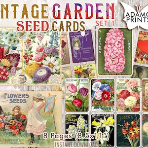 Conjunto de cartões de sementes de jardim vintage 1, ATC, gasto, clássico de coisas efêmeras, imagens digitais, coisas efêmeras para impressão, colagem digital, coisas efêmeras de álbum de recortes