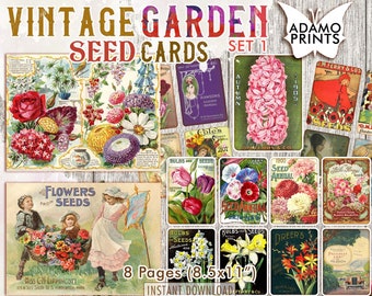 Puede incluir: Conjunto de 8 tarjetas de semillas de jardín vintage, con ilustraciones coloridas de flores, semillas y herramientas de jardinería. Las tarjetas miden 21,6 cm x 27,9 cm y están disponibles para descarga instantánea.