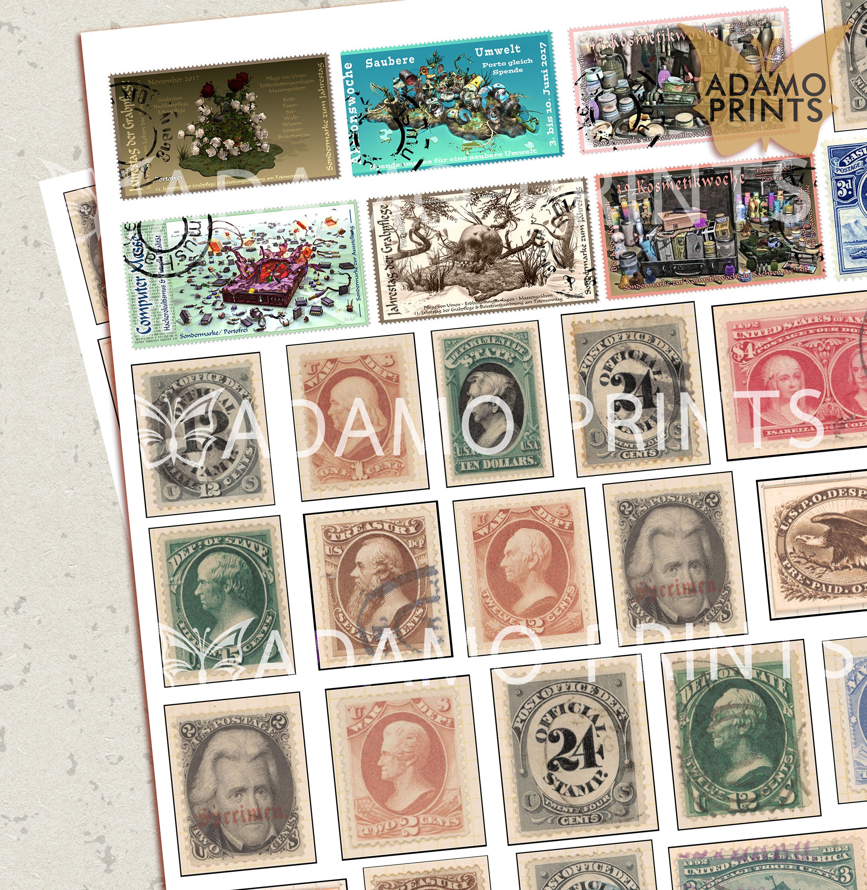Old Postage Stamps Faux Stamp Ephemera Kit Digital Stamps | Etsy
