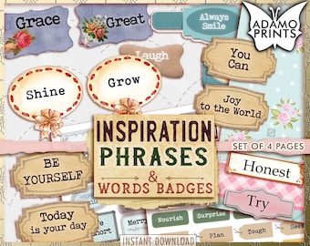 Inspiration Phrases & Words Badges, Junk Journal Word, Digital Inspiration Quote, Junk Journal, Definition, Mixed Media, Printable, Ephemera