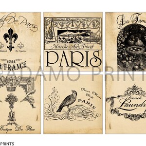 May include: A collage of six vintage-style images with Parisian themes. The images feature text in French, including "Hotel De Paris", "La France", "Marche Aux Puces", "La Famille", "Pour Mon Dua a Paris", and "French Laundry".
