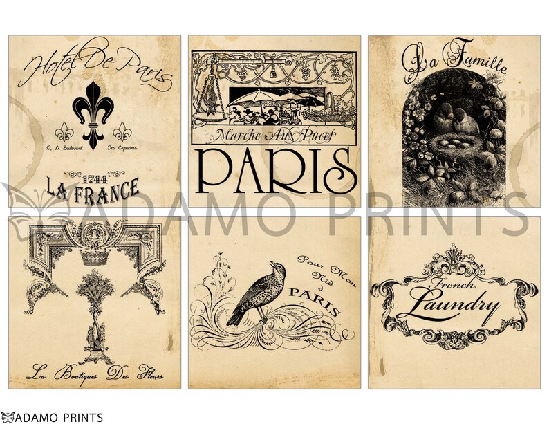 May include: A collage of six vintage-style images with Parisian themes. The images feature text in French, including "Hotel De Paris", "La France", "Marche Aux Puces", "La Famille", "Pour Mon Dua a Paris", and "French Laundry".