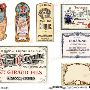 Op de afbeelding: Negen vintage parfum- en eau de cologne-etiketten met sierlijke randen en bloemmotieven. De etiketten bevatten tekst in het Frans en Engels, waaronder de namen "Lady Marian Toilet Water", "San Remo Toilet Water", "Eau de Cologne", "Violettes de Parme", "J. Giraud Fils Grasse Paris", "Parfums au Principe des Fleurs Extrait Concentre Pour le Mouchoir J. Giraud Fils Grasse Paris" en "Eau de Cologne Distill&eacute;e Sp&eacute;cialement par J. Giraud Fils Paris Soci&eacute;t&eacute; Coloniale des Grands Magasins Saigon - Hanoi".